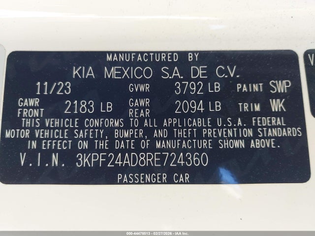 Продажа на аукционе авто 2024 Kia Forte Lxs, vin: 3KPF24AD8RE724360, номер лота: 44478513