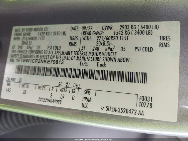 Aukcja sprzedaży 2022 Ford F-150 Xl, vin: 1FTEW1CP2NKE79813, numer aukcji: 44478515