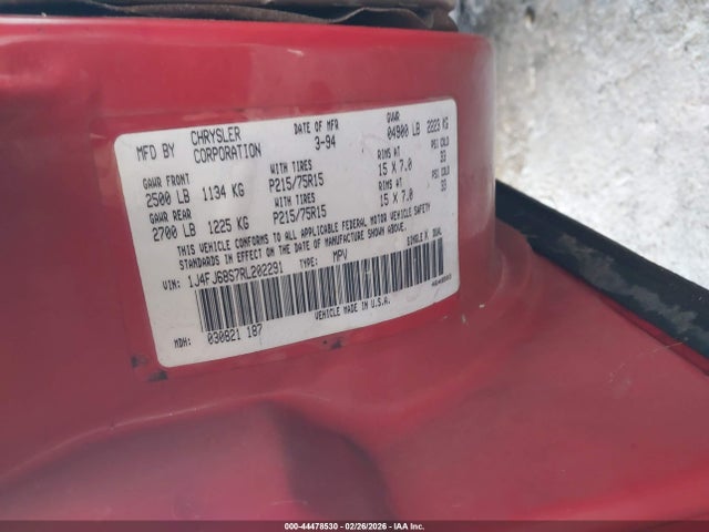 Auction sale of the 1994 Jeep Cherokee Sport, vin: 1J4FJ68S7RL202291, lot number: 44478530