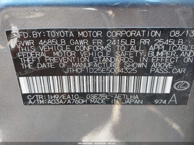 Aukcja sprzedaży 2014 Lexus Is 250, vin: JTHCF1D25E5004325, numer aukcji: 44478548