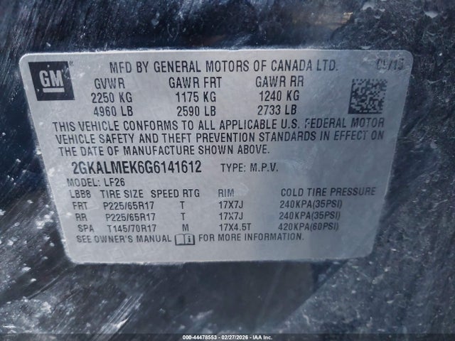 44478553 :رقم المزاد ، 2GKALMEK6G6141612 vin ، 2016 Gmc Terrain Sle-1 مزاد بيع