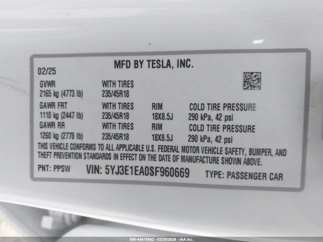 Продаж на аукціоні авто 2025 Tesla Model 3, vin: 5YJ3E1EA0SF960669, номер лоту: 44478562