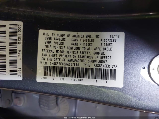 44478566 :رقم المزاد ، 1HGCR3F86DA007960 vin ، 2013 Honda Accord Ex-l V-6 مزاد بيع