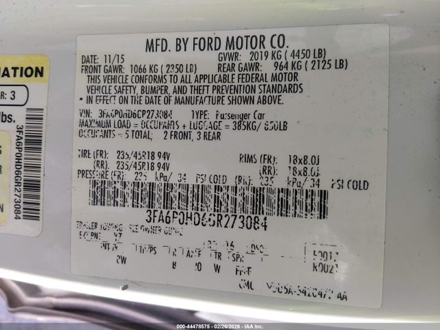 44478575 :رقم المزاد ، 3FA6P0HD6GR273084 vin ، 2016 Ford Fusion Se مزاد بيع