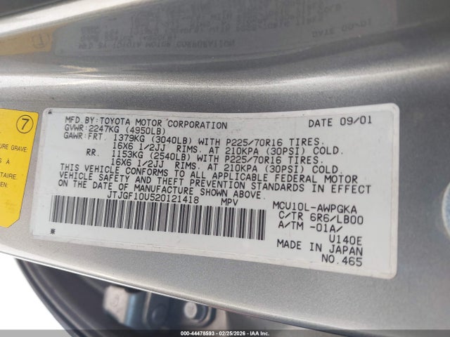 44478593 :رقم المزاد ، JTJGF10U520121418 vin ، 2002 Lexus Rx 300 مزاد بيع