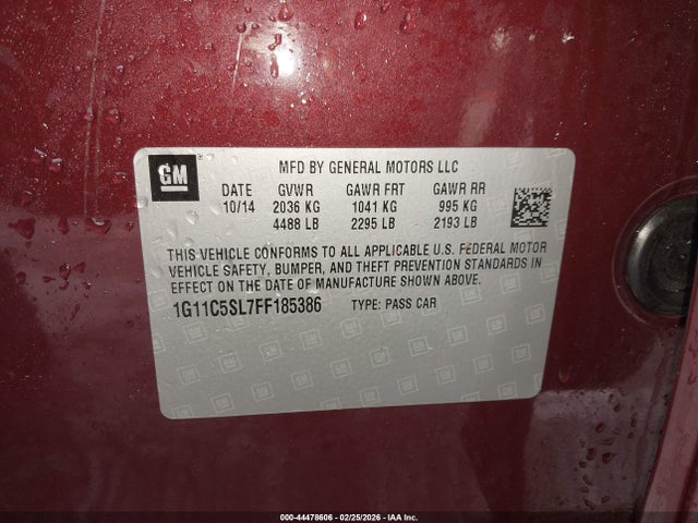 Продаж на аукціоні авто 2015 Chevrolet Malibu 1lt, vin: 1G11C5SL7FF185386, номер лоту: 44478606