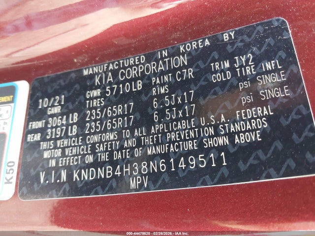 2022 KIA CARNIVAL MPV KNDNB4H38N6149511 Photo 8