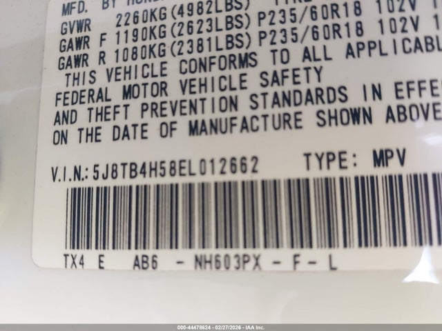 44478624 :رقم المزاد ، 5J8TB4H58EL012662 vin ، 2014 Acura Rdx مزاد بيع