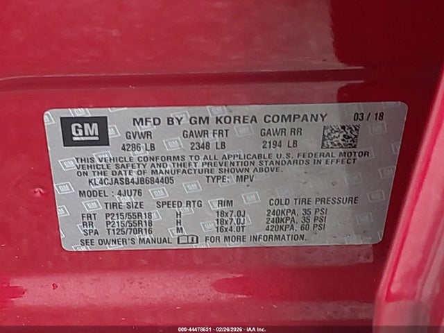 2018 Buick Encore Preferred მანქანა იყიდება აუქციონზე, vin: KL4CJASB4JB684405, აუქციონის ნომერი: 44478631
