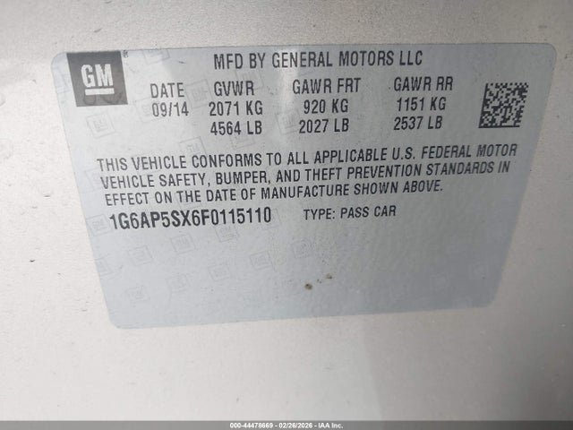 Продаж на аукціоні авто 2015 Cadillac Cts Standard, vin: 1G6AP5SX6F0115110, номер лоту: 44478669
