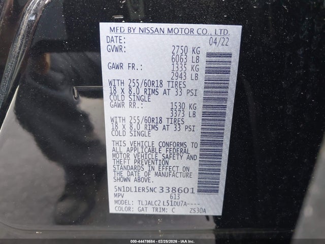 44478684 :رقم المزاد ، 5N1DL1ER5NC338601 vin ، 2022 Infiniti Qx60 Pure مزاد بيع