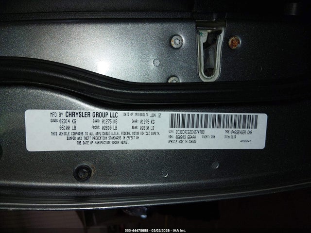 Aukcja sprzedaży 2012 Chrysler 300 Limited, vin: 2C3CCACG2CH274789, numer aukcji: 44478685