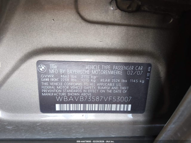 Продажа на аукционе авто 2007 Bmw 335i, vin: WBAVB73587VF53007, номер лота: 44478695