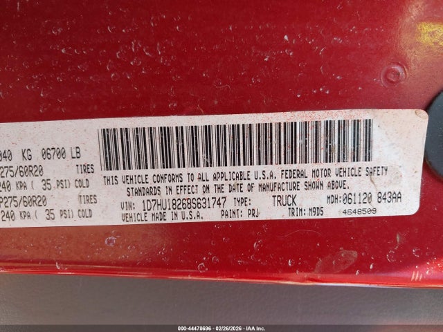Продажа на аукционе авто 2008 Dodge Ram 1500 Slt, vin: 1D7HU18268S631747, номер лота: 44478696