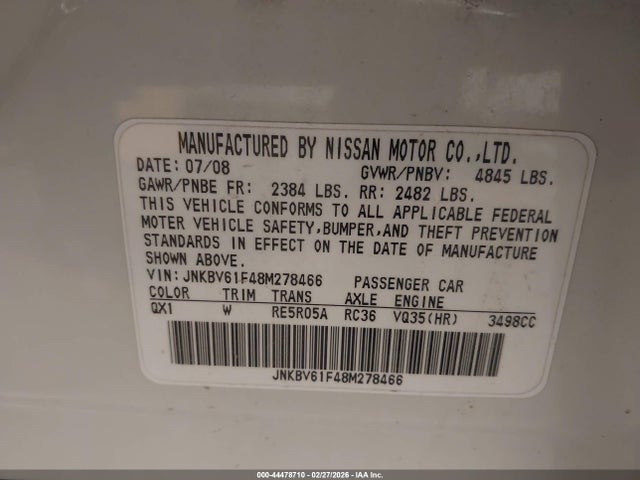 Aukcja sprzedaży 2008 Infiniti G35x, vin: JNKBV61F48M278466, numer aukcji: 44478710