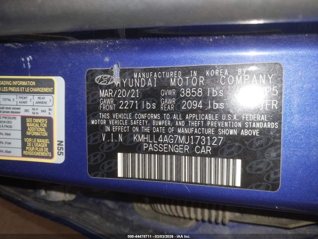 2021 Hyundai Elantra Se მანქანა იყიდება აუქციონზე, vin: KMHLL4AG7MU173127, აუქციონის ნომერი: 44478711