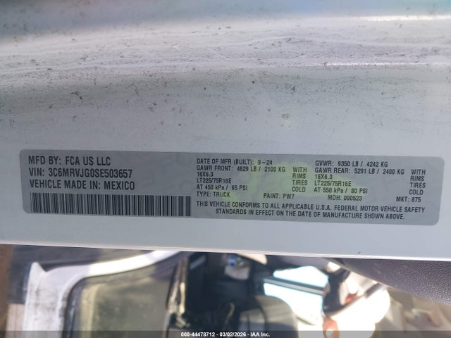Продаж на аукціоні авто 2025 Ram Promaster 3500 Cargo Van Tradesman High Roof 159 Wb Ext, vin: 3C6MRVJG0SE503657, номер лоту: 44478712