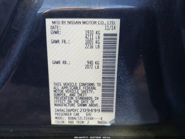 1N4AL3AP0FC209499 Nissan Altima 2.5 Sl