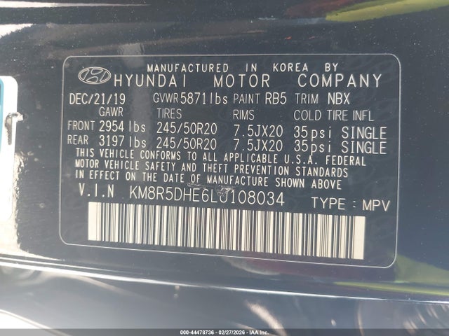 44478736 :رقم المزاد ، KM8R5DHE6LU108034 vin ، 2020 Hyundai Palisade Limited مزاد بيع