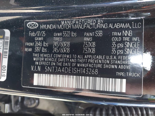 Aukcja sprzedaży 2025 Hyundai Santa Cruz Se, vin: 5NTJA4DE1SH143268, numer aukcji: 44478745