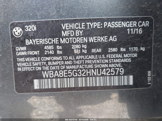 44478746 :رقم المزاد ، WBA8E5G32HNU42579 vin ، 2017 Bmw 320i Xdrive مزاد بيع