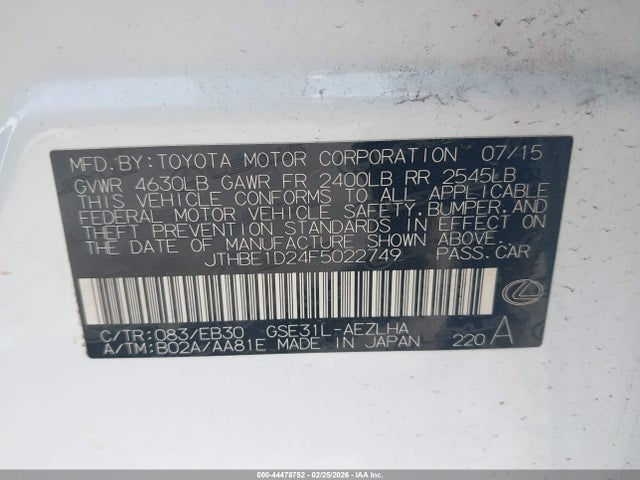 2015 Lexus Is 350 მანქანა იყიდება აუქციონზე, vin: JTHBE1D24F5022749, აუქციონის ნომერი: 44478752