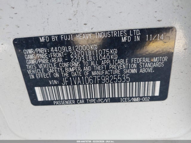 Продаж на аукціоні авто 2015 Subaru Wrx Premium, vin: JF1VA1D67F9825535, номер лоту: 44478756