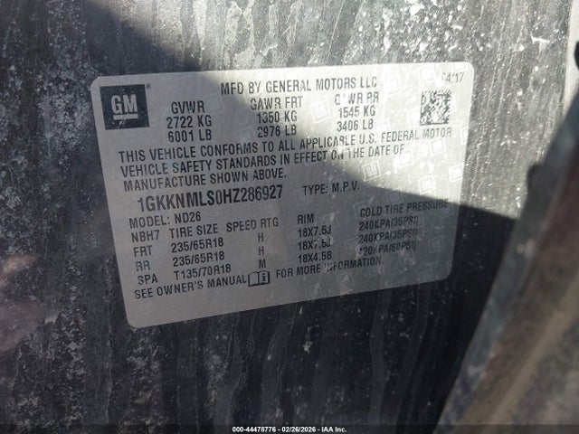 44478776 :رقم المزاد ، 1GKKNMLS0HZ286927 vin ، 2017 Gmc Acadia Slt-1 مزاد بيع