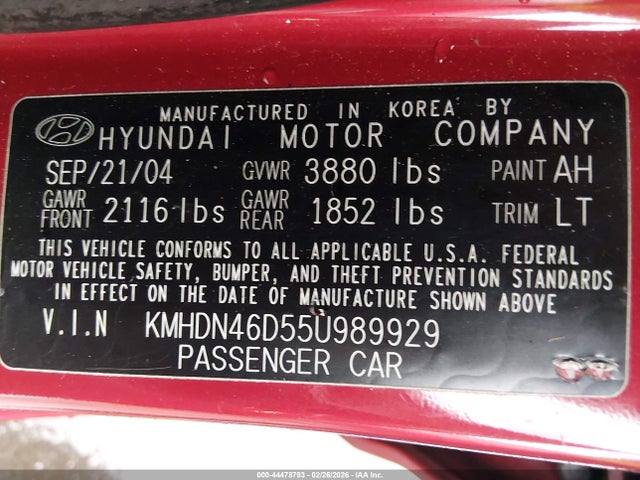 Aukcja sprzedaży 2005 Hyundai Elantra Gls/gt, vin: KMHDN46D55U989929, numer aukcji: 44478793
