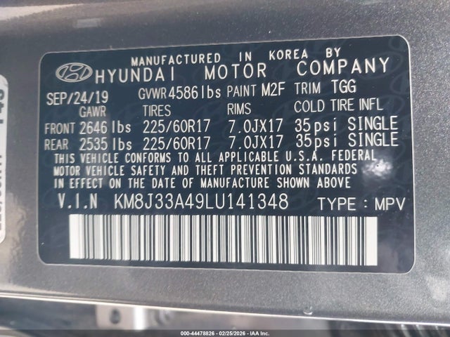44478826 :رقم المزاد ، KM8J33A49LU141348 vin ، 2020 Hyundai Tucson Value مزاد بيع
