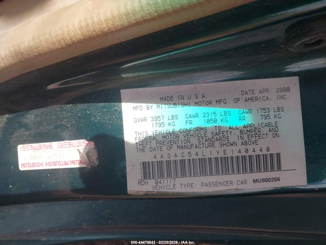 2000 MITSUBISHI ECLIPSE 4A3AC54L1YE140440 Photo 8