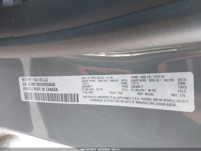Продаж на аукціоні авто 2025 Chrysler Pacifica Select, vin: 2C4RC1BG9SR504540, номер лоту: 44478879