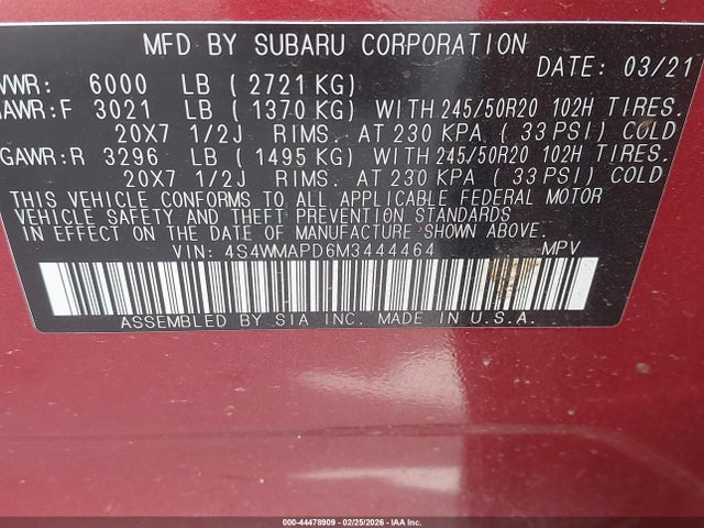 Продаж на аукціоні авто 2021 Subaru Ascent Limited, vin: 4S4WMAPD6M3444464, номер лоту: 44478909