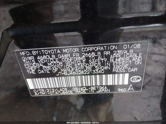 Aukcja sprzedaży 2008 Lexus Es 350, vin: JTHBJ46G282213340, numer aukcji: 44478944