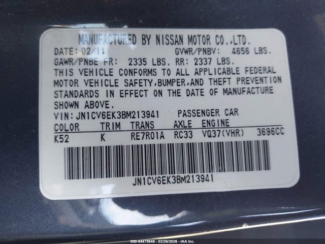 44478946 :رقم المزاد ، JN1CV6EK3BM213941 vin ، 2011 Infiniti G37 Journey مزاد بيع