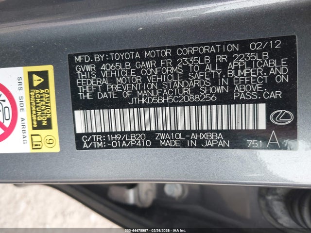 44478957 :رقم المزاد ، JTHKD5BH5C2088256 vin ، 2012 Lexus Ct 200h Premium مزاد بيع