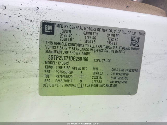 Aukcja sprzedaży 2013 Gmc Sierra 1500 Sle, vin: 3GTP2VE71DG259190, numer aukcji: 44478979