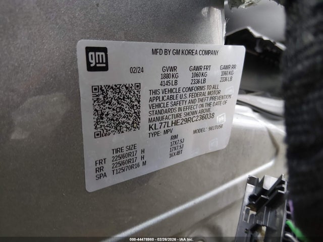 Aukcja sprzedaży 2024 Chevrolet Trax Fwd Lt, vin: KL77LHE29RC236038, numer aukcji: 44478980