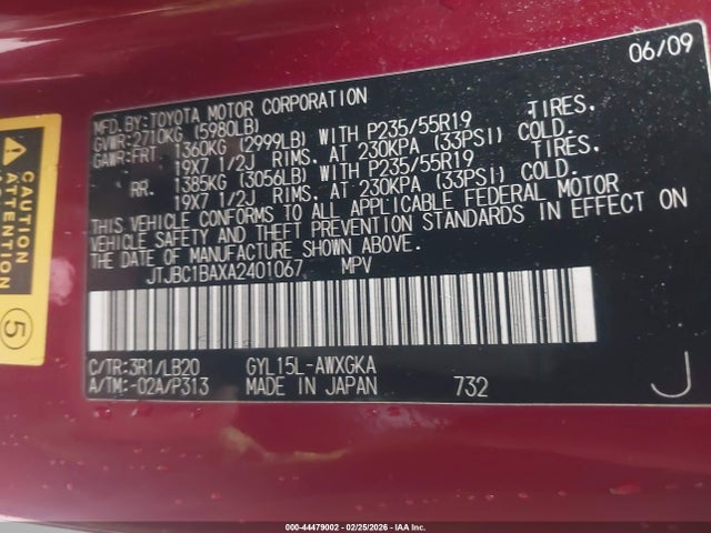 44479002 :رقم المزاد ، JTJBC1BAXA2401067 vin ، 2010 Lexus Rx 450h مزاد بيع