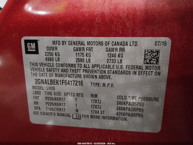 Chevrolet EQUINOX 1LT 2015 2GNALBEK1F6417216 Image 9