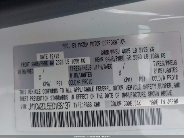 44479013 :رقم المزاد ، JM1CW2DL5E0168137 vin ، 2014 Mazda Mazda5 Grand Touring مزاد بيع
