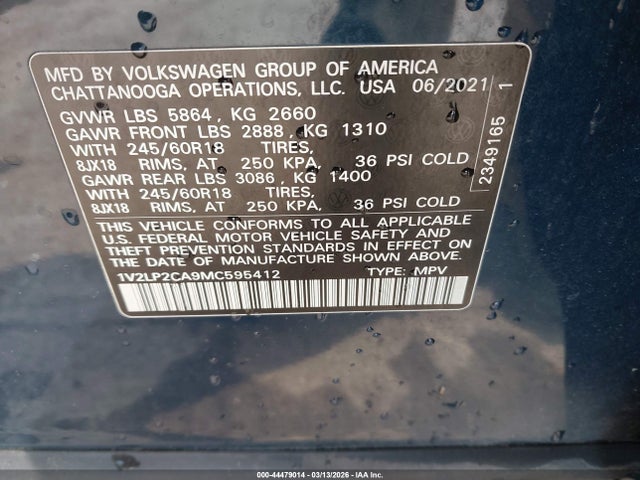 Aukcja sprzedaży 2021 Volkswagen Atlas 2.0t Se, vin: 1V2LP2CA9MC595412, numer aukcji: 44479014