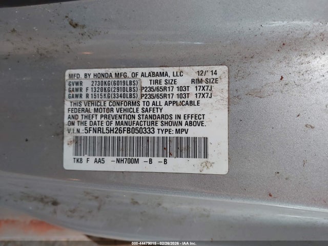 5FNRL5H26FB050333 Honda ODYSSEY LX
