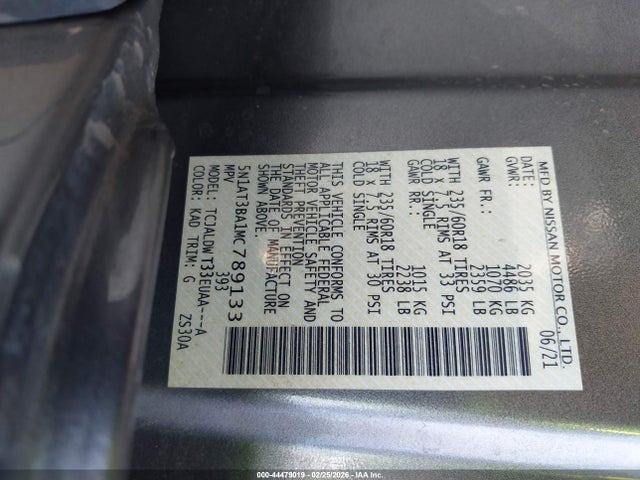 5N1AT3BA1MC789133 Nissan Rogue Sv Fwd