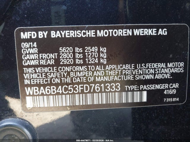 2015 BMW 650I GRAN COUPE WBA6B4C53FD761333 Photo 8