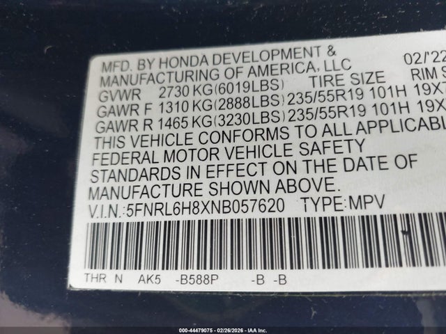 2022 HONDA ODYSSEY 5FNRL6H8XNB057620 Photo 8