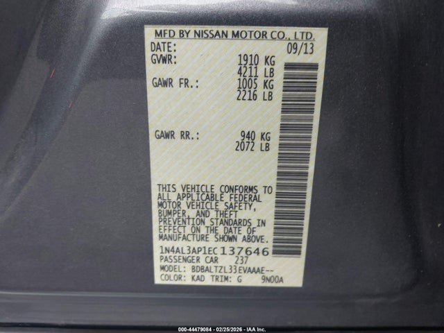 Aukcja sprzedaży 2014 Nissan Altima 2.5 Sv, vin: 1N4AL3AP1EC137646, numer aukcji: 44479084