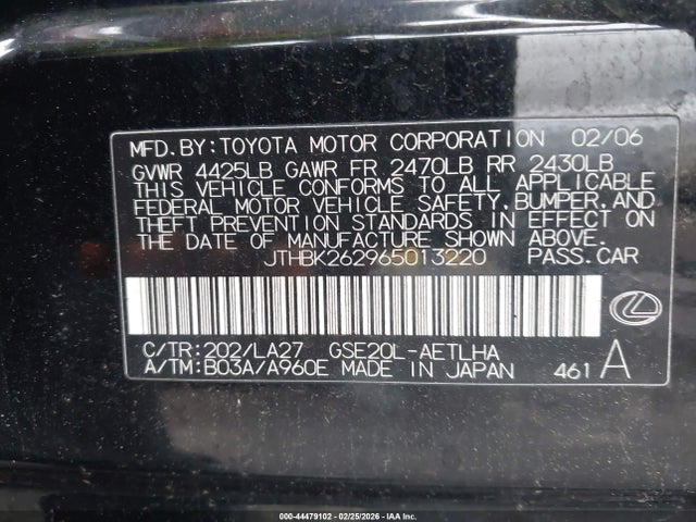 44479102 :رقم المزاد ، JTHBK262965013220 vin ، 2006 Lexus Is 250 مزاد بيع