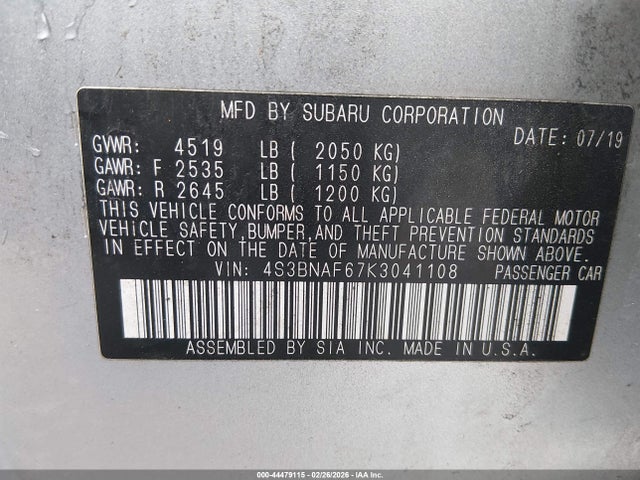 Aukcja sprzedaży 2019 Subaru Legacy 2.5i Premium, vin: 4S3BNAF67K3041108, numer aukcji: 44479115