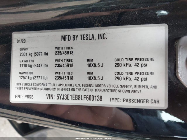 2020 Tesla Model 3 Long Range Dual Motor All-wheel Drive მანქანა იყიდება აუქციონზე, vin: 5YJ3E1EB8LF600138, აუქციონის ნომერი: 44479139